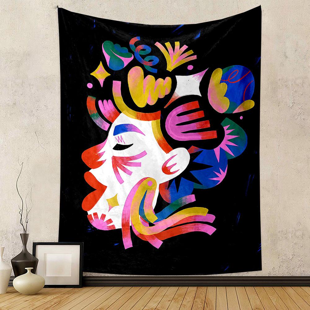 Abstract Colorful Face on Black Patterned tapestry home decor, suitable for bedroom and living room, gift