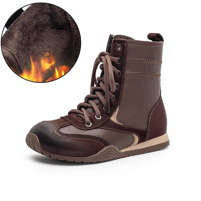 Johnature Plush Warm Retro Short Boots Genuine Leather Flat Cotton Shoes Commuter Women's Shoes