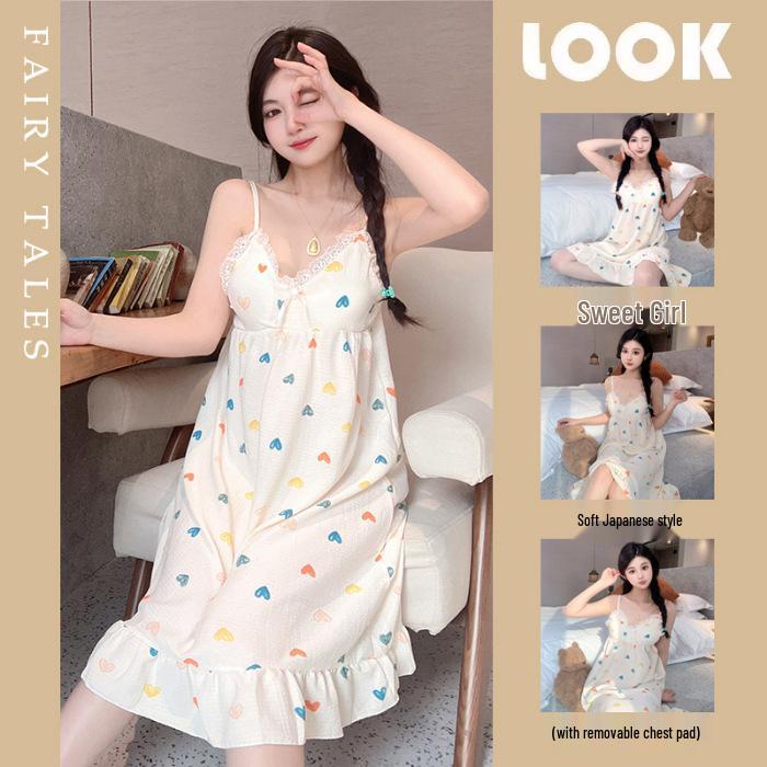Summer V-Neck Nightdress with Chest Pads - Sexy Bubble Cotton Spaghetti Strap Style: Loose Fit Homewear for Women