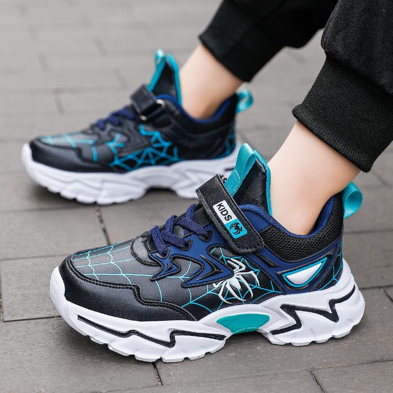 Boys' running shoes, Spiderman children's shoes, 2024 spring and autumn leather children's shoes, lightweight sneakers for elementary school students