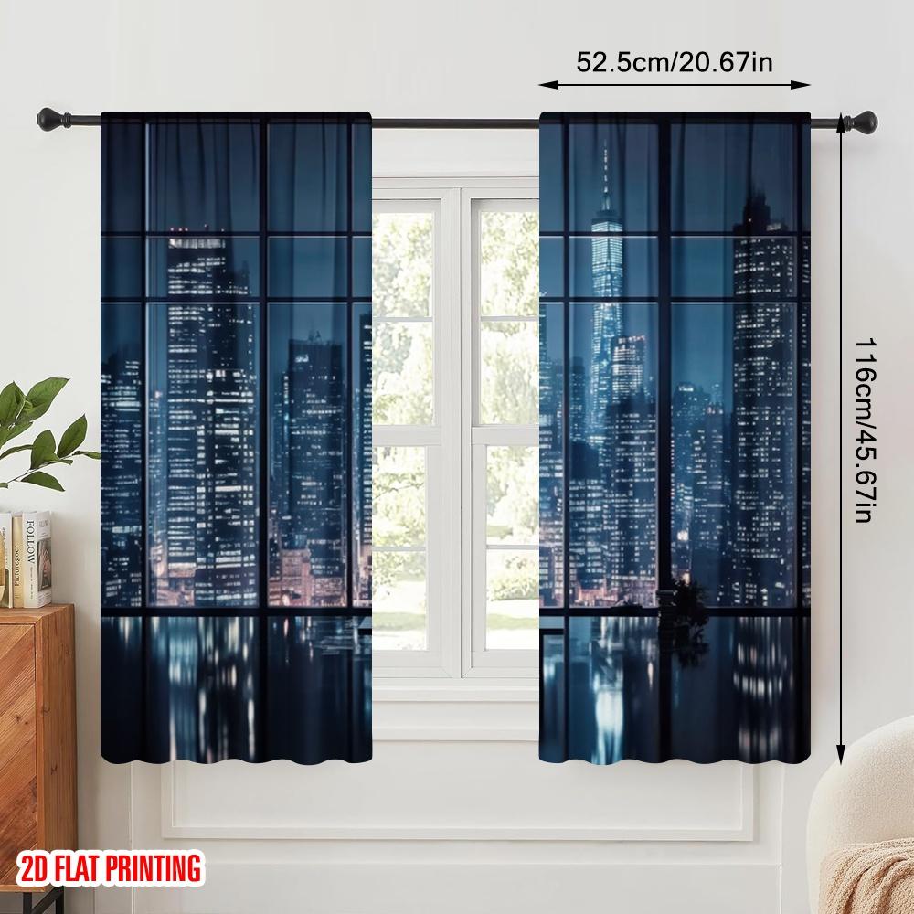 2pcs,2D Plane Printing Curtains Digital Printed Urban Window View Polyester Easy Install (without Rod) Decorations For Home for