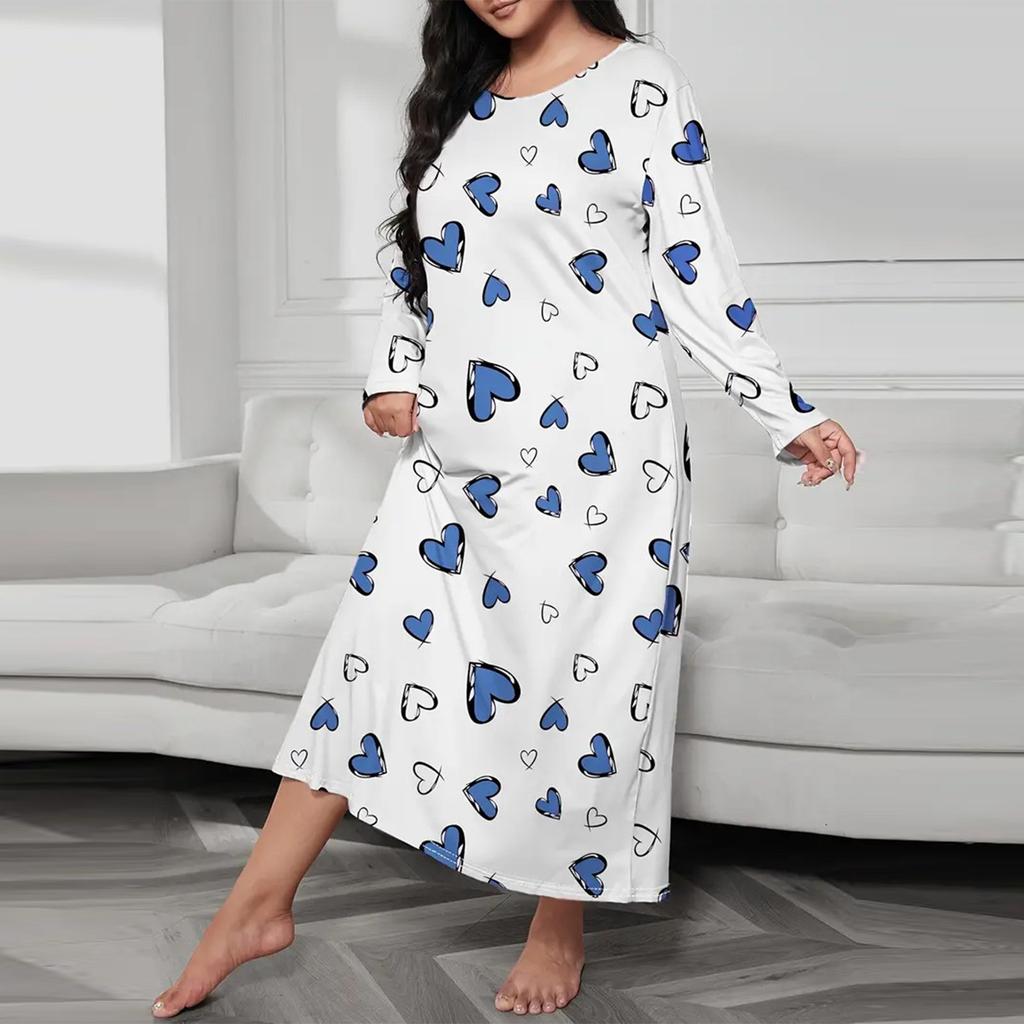 Women's Fashionable Plus Size Pajamas Round Neck Long Sleeved Print Length Nightgown Dress Clothes Sale