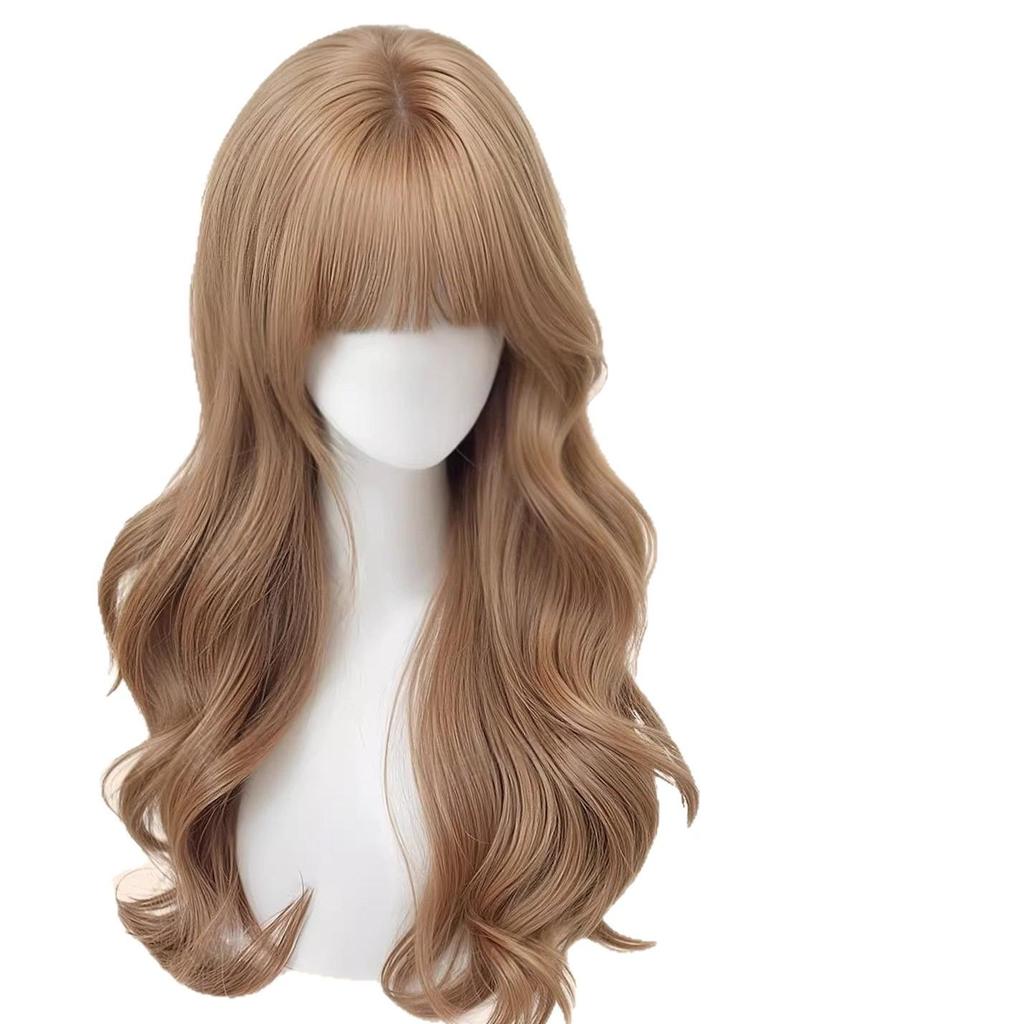 Korean Style Champagne Blonde Full Head Wig - Long Curly Hair with Blunt Bangs, Natural Seamless Fit, Big Waves, Light Gold Shade.