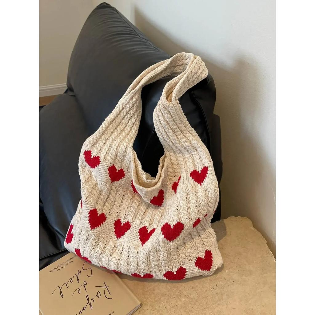 1pc Heart Pattern Color Blocking Crochet Handbag Shoulder Bag Large Capacity Fashion Beach Bag Versatile Commute Bag Large Bag