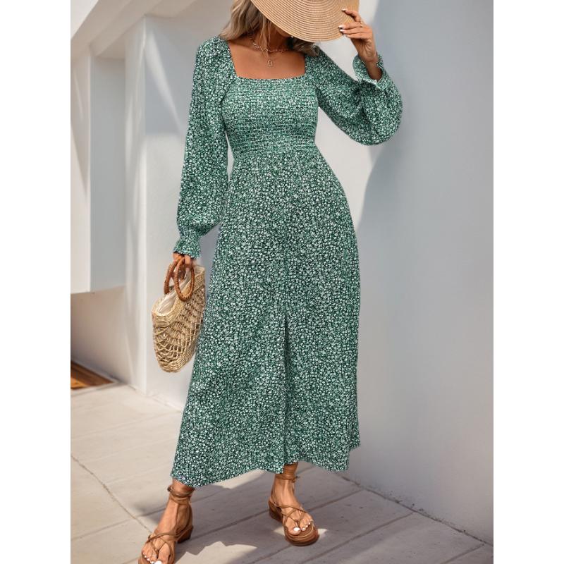 Women's Jumpsuit Square Collar Puff Sleeve Wide-leg Pants Long-sleeved Vacation Style Floral Jumpsuit