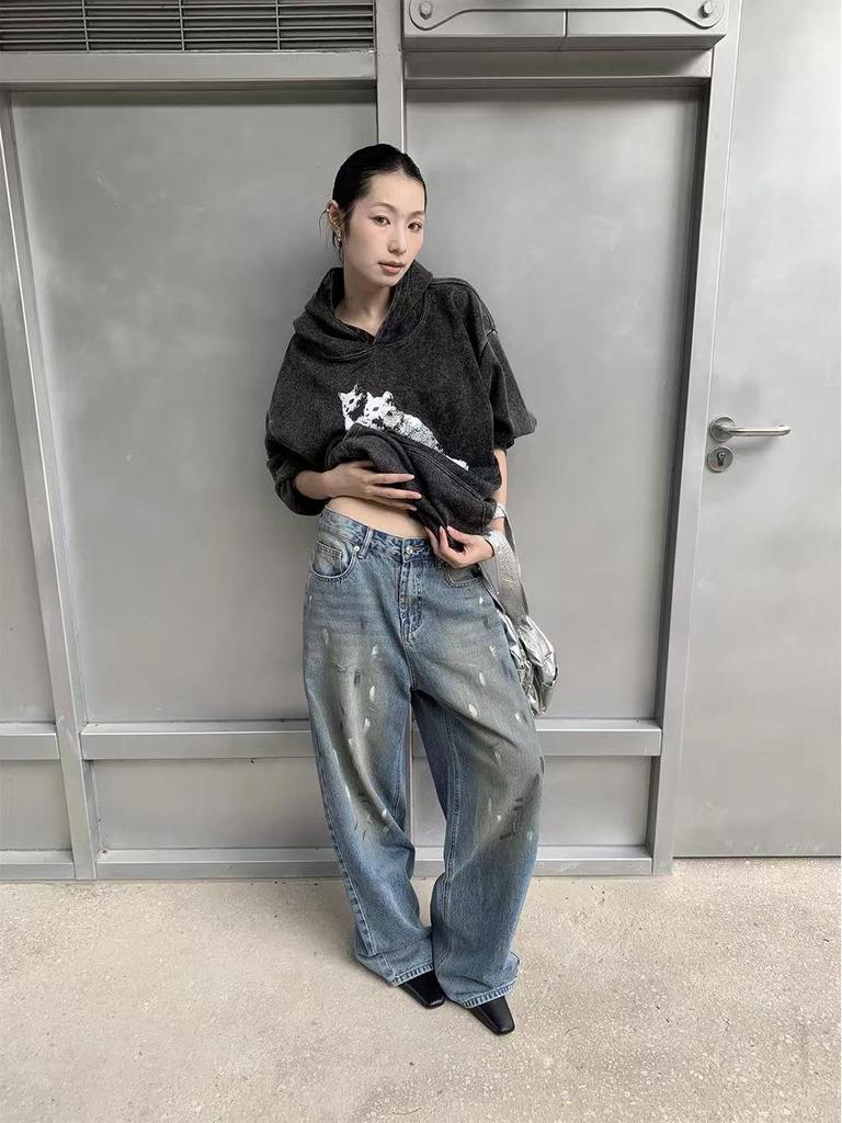 Women's Wide-Leg Jeans - Post-Apocalyptic Ink Splatter, Distressed Vintage Style for Autumn 2025