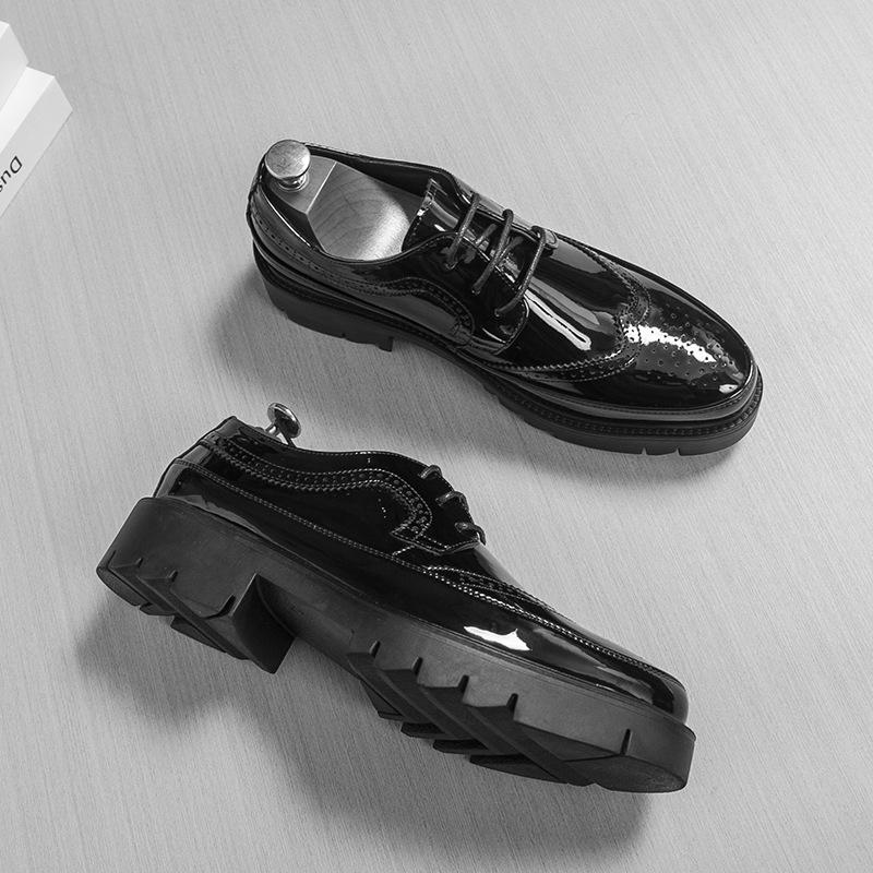 Carved Large Size Glossy Brock Leather Shoes British Style Dress Business Casual Shoes Black Platform Men's Shoes