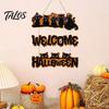 Halloween Wooden Sign Door Sign, Black Cats Broom Front Hanger, Rustic Multi-layer Polished Wood Hanging Welcome for Home Window Wall Party