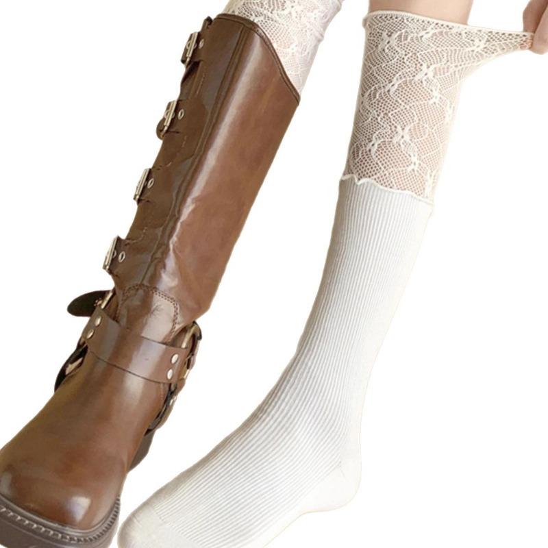 White Calf Socks, Women's Lace Ballet-style Thigh-high Socks with Long Boots, Spring and Summer Thin Boot Socks Patchwork Pile Socks