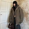 Vintage Solid Fur Collar Hooded Sweatshirt Autumn Winter Zipper Y2K Retro Fleece Jacket Harajuku Plush Dark Fashion Outfits 2025