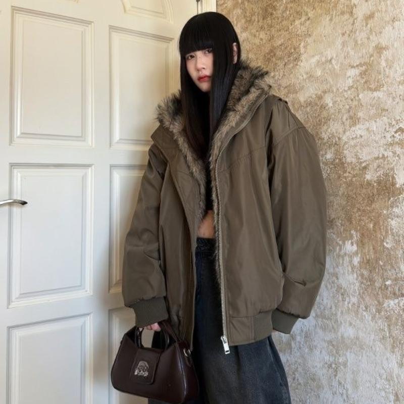 Vintage Solid Fur Collar Hooded Sweatshirt Autumn Winter Zipper Y2K Retro Fleece Jacket Harajuku Plush Dark Fashion Outfits 2025