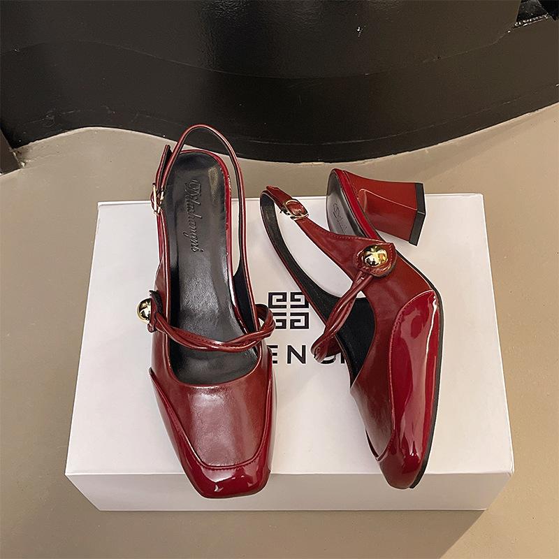 Square Head Shallow Mouth Bag Head Empty Thick Heel Sandals Women's Summer New Retro One-word with Medium and High Heel Mary Jane Women's Shoes