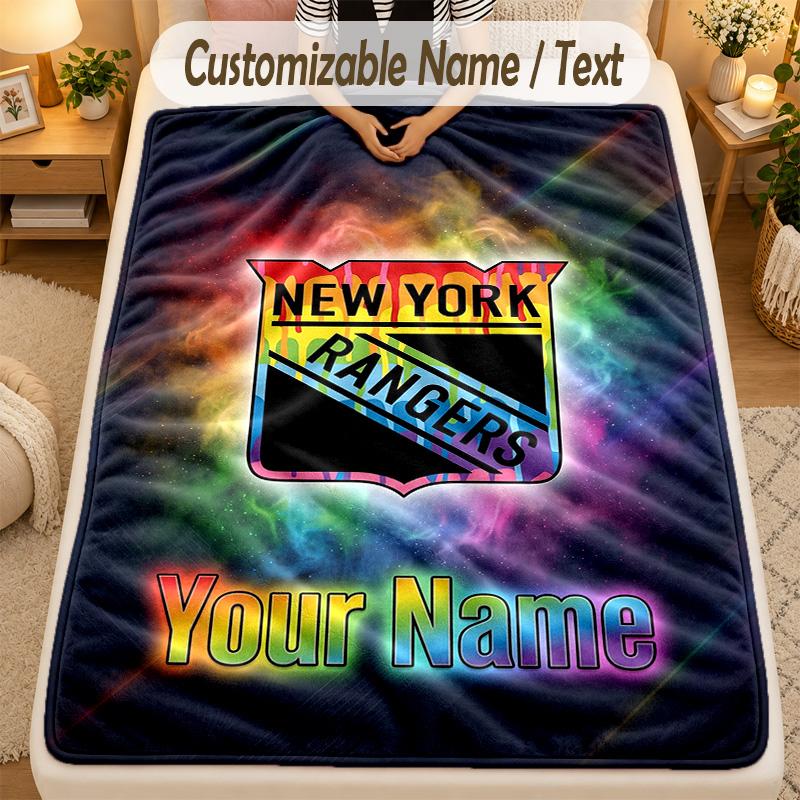 Flannel BlanketNew York Rangers Custom Name Text Personalized Soft Warm Throw Blanket Home Decor Gift