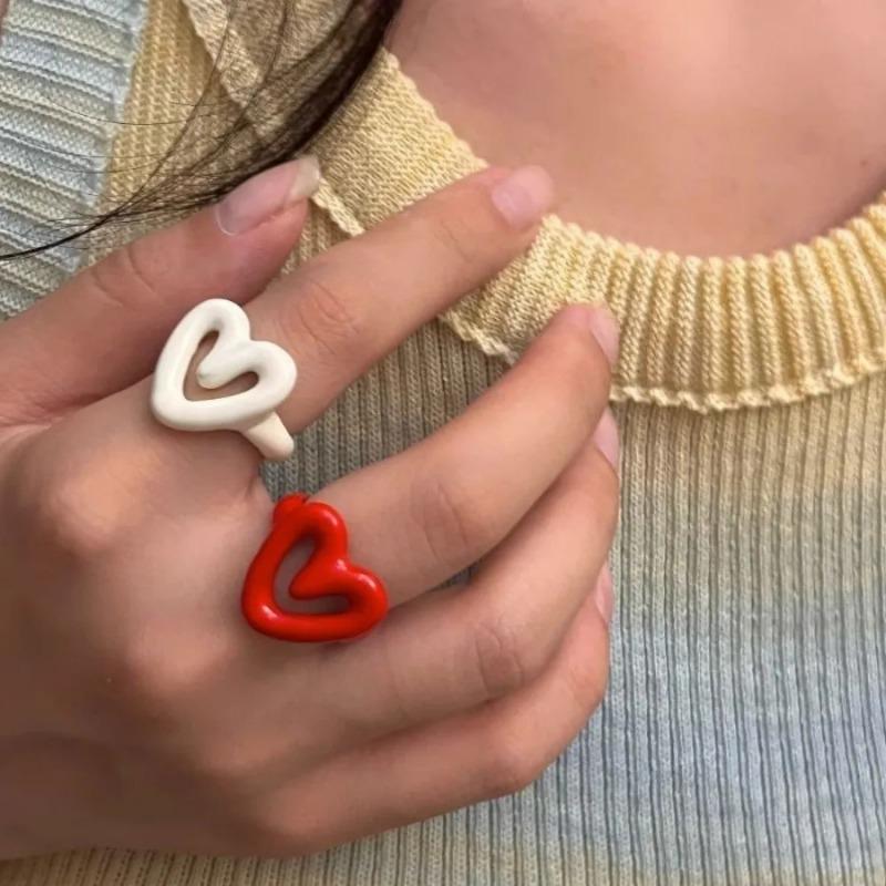 Boho Cute Romantic Macaron Color Love Heart Enamel Opening Rings for Women Charm Trendy Personality Y2K Finger Jewelry Girl Gift