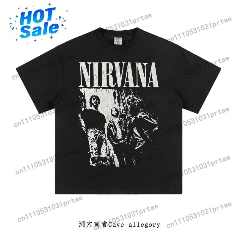 American Retro Nirvana Rock Band American Cotton Print Shortsleeved Tshirt For Unisex And Wounisex Kurt Cobain Black