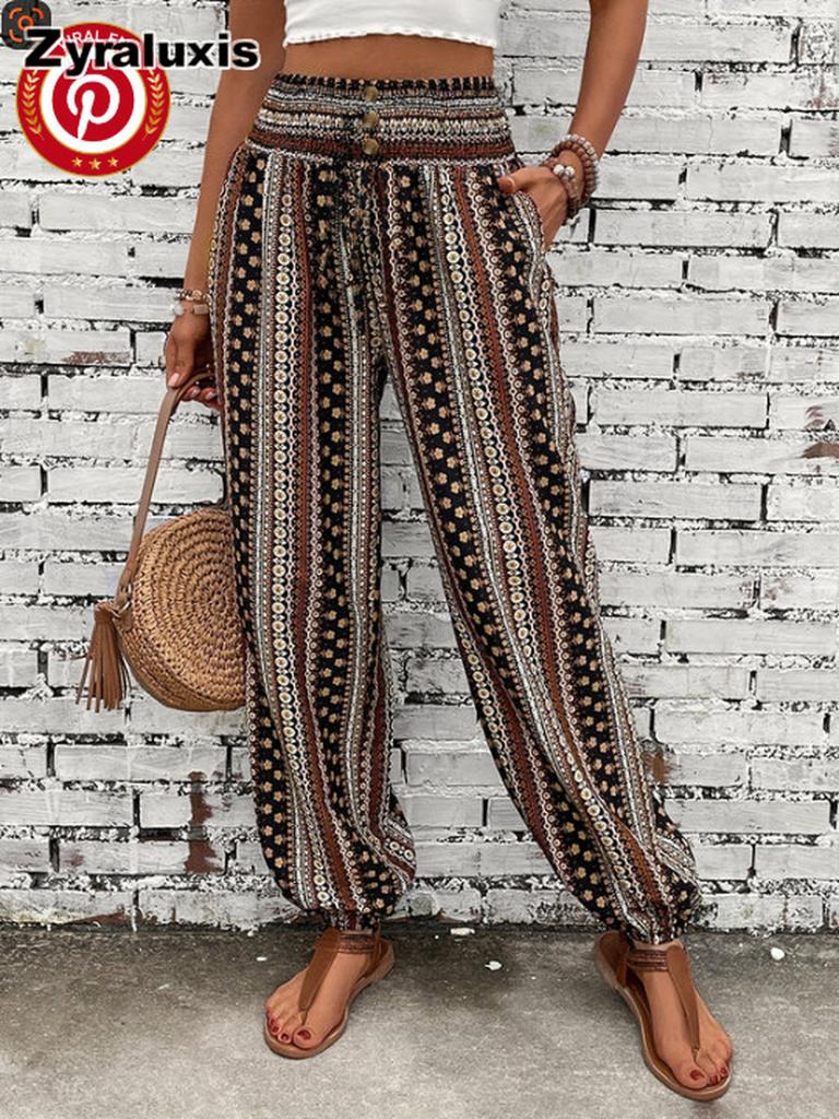 Ethnic Pattern Printed Pants Bohemian High Waist Long Trousers