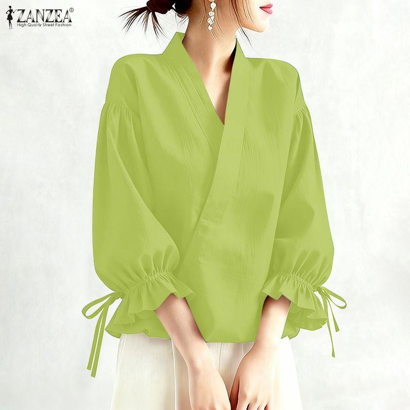 ZANZEA Dámská ležérní jednobarevná halenka s 3/4 rukávem s výstřihem do V