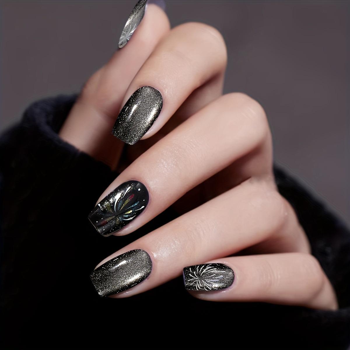 

Black Cat Eye Nail Patches: Detachable T-Shape Firework Design
