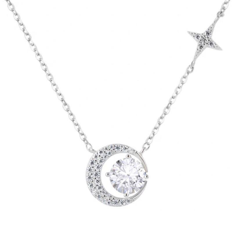 925 Sterling Silver Moon Star Necklace for Women , Fashion Commuting Light Gift 925 silver белый