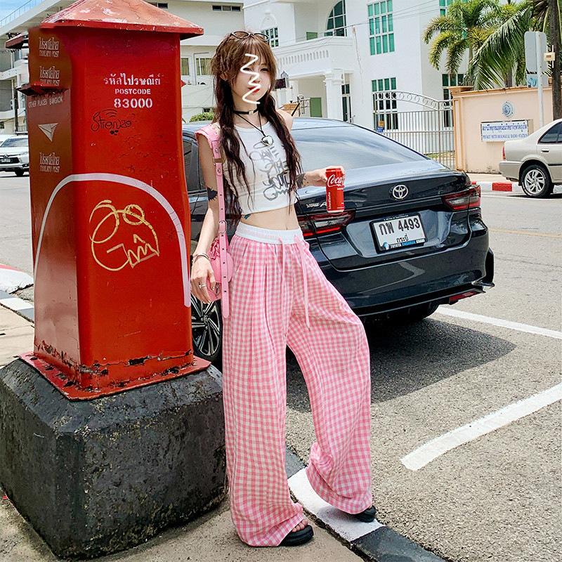Women's Spring/Summer Pink Plaid Wide-Leg Pants Thin High-Waisted Drapey Straight-Leg Casual Loose Trousers