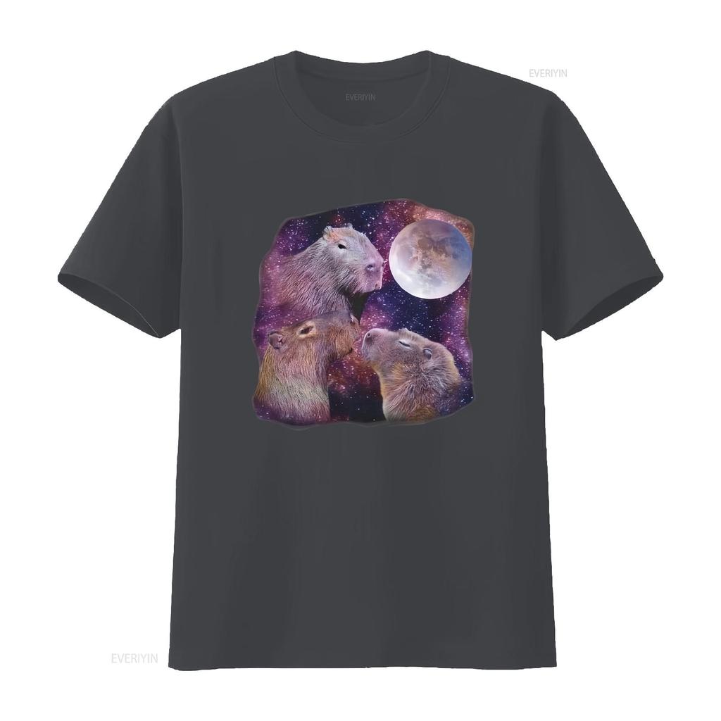 Capybara T Shirt Three Capybaras Moon Rodent Lovers Vintage Washed Homme Unisex Fashion Slightly Top For Everyday Wear