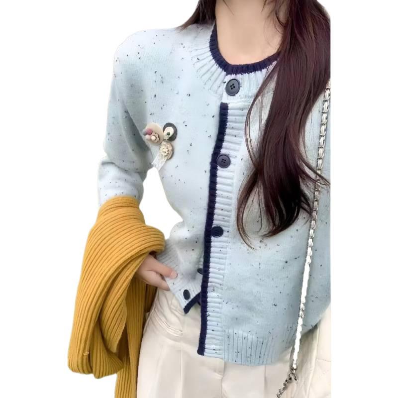 Women's Color Dot Crew Neck Knit Cardigan - Autumn/Winter 2026 Petite Cartoon Sweater Coat in Lazy Style Design.