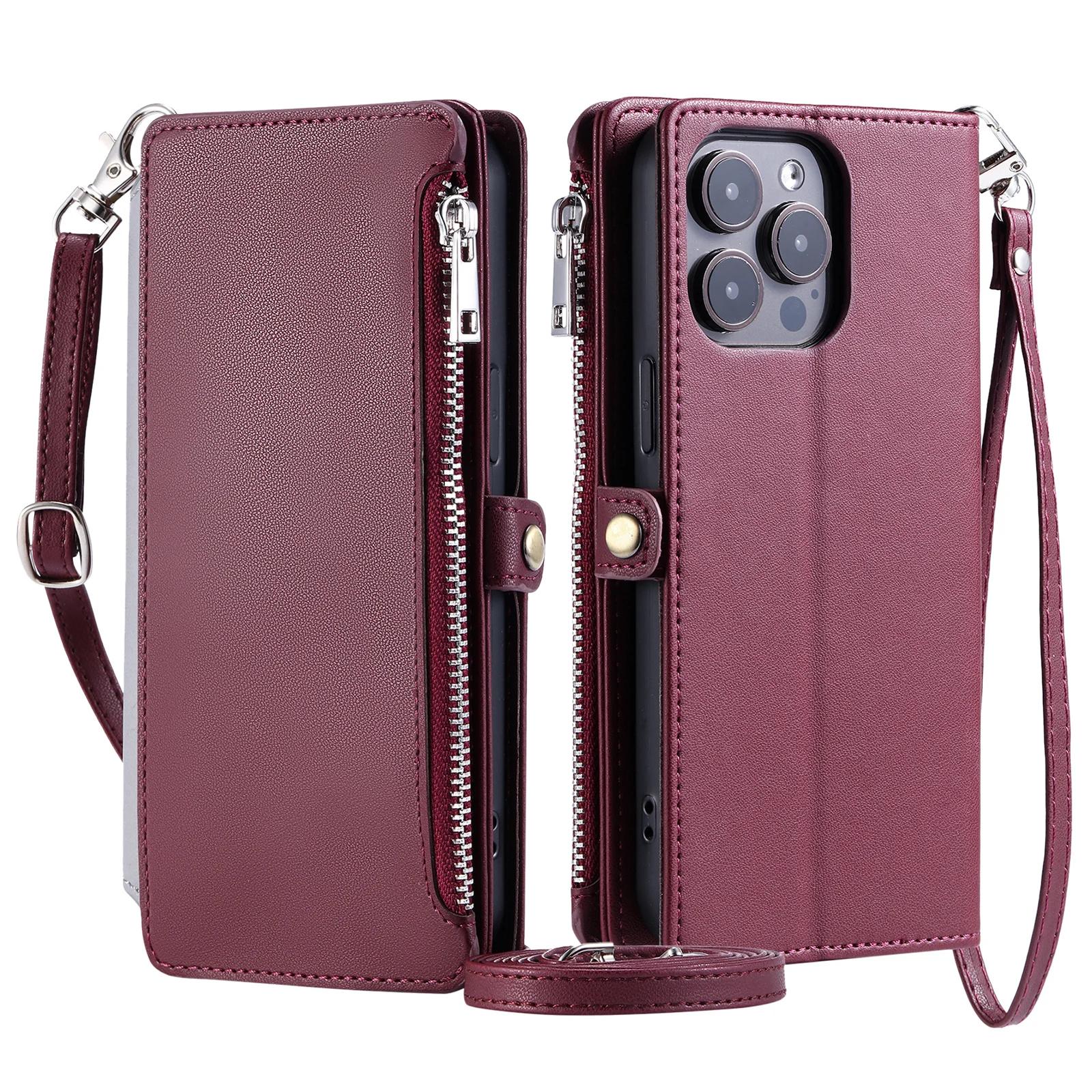 

Crossbody Zipper Cards Solt Wallet Leather Case For iPhone 16 Pro Max 15 Plus 14 13 12 11 XS Lanyard Book Flip Kickstand Cover For iPhone SE (2022) вина червоного кольору