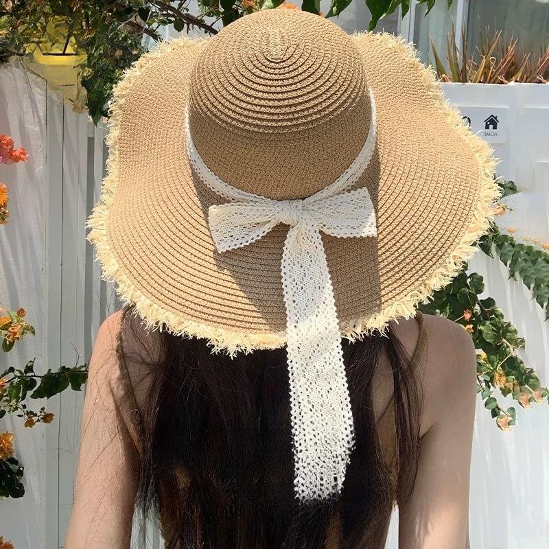 Summer New Style Bow Big Brim Straw Hat Women's Sunscreen Sunshade Beach Hat Fashion Rough Edge Bucket Hat