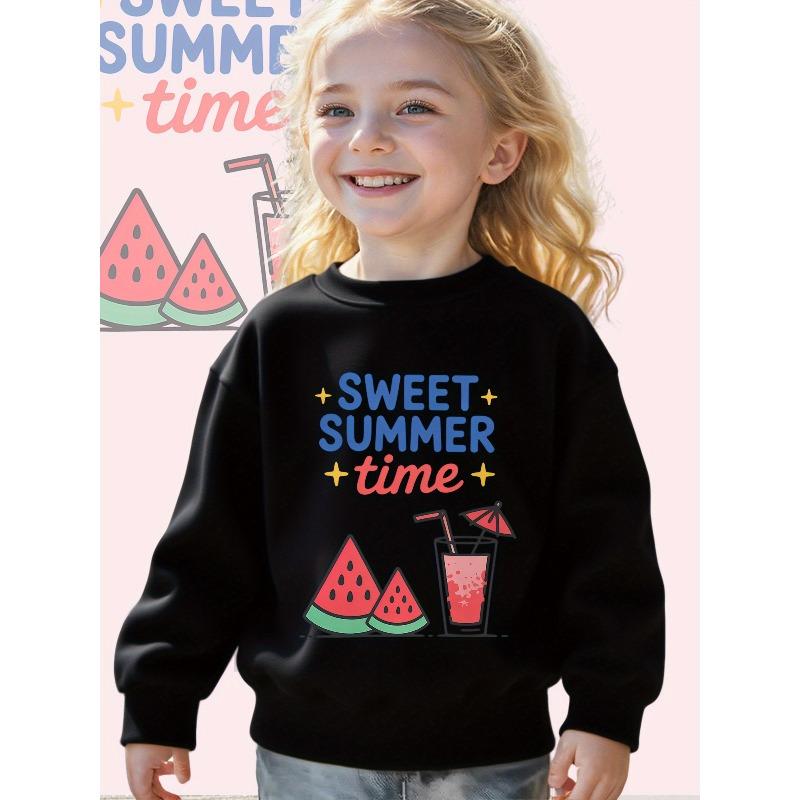 Kids Crewneck Long Sleeve Sweatshirt, Cute Watermelon Drink Graphic Print