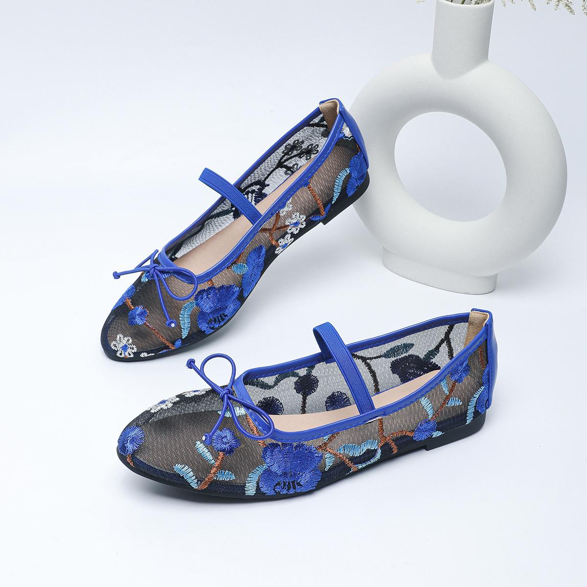 

Модная кружевная обувь с вышивкой в виде цветов, женские эластичные туфли Мэри Джейн на плоской подошве, дышащие летние балетки, женские мокасины большого размера 43 36 синий