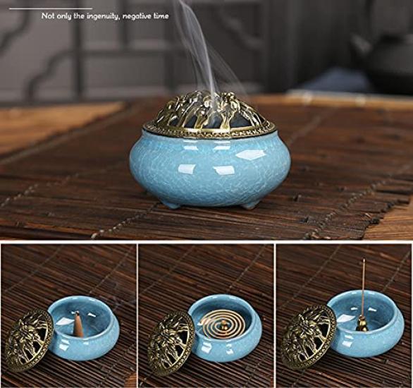 (pont du monde) Ceramic Incense Burner, Incense Stick Holder, Aromatherapy, Stylish, with Lid (Light Blue)