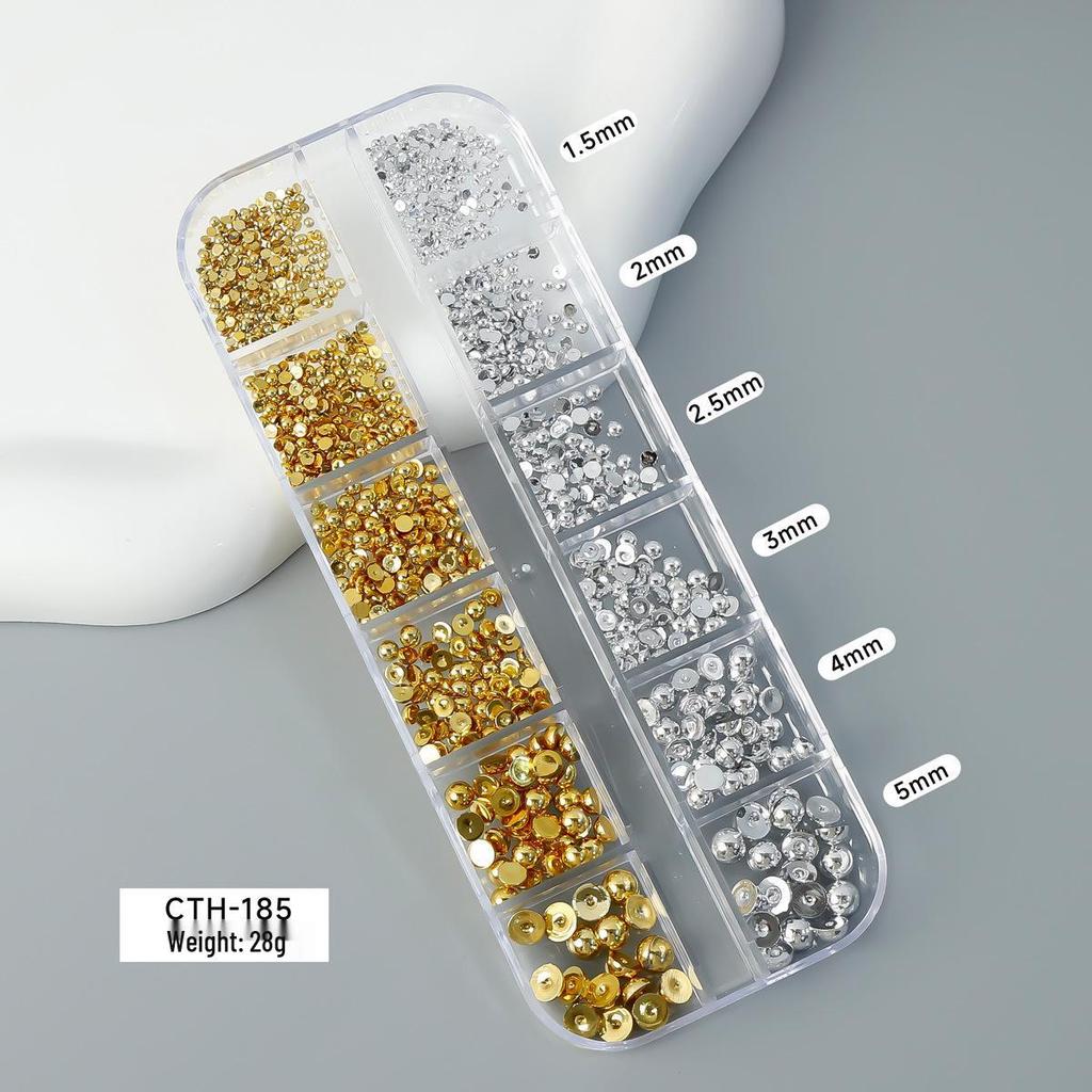 Gold & Silver Half Pearl Nail Art Decorations Set - 12 Mixed Size Grids