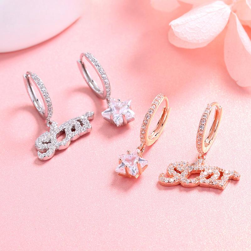 

Pentagram Shining Ear Buckle Korean Version Temperament Personality Asymmetrical Letters Full of Diamond Earrings Women