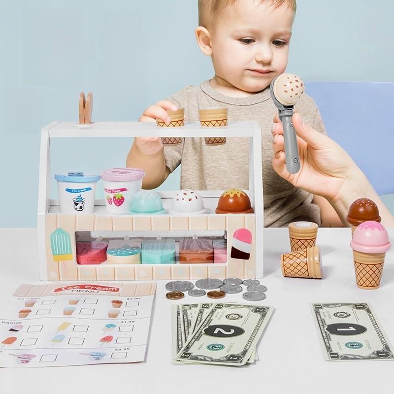 Wooden Cream Ice Stand Toy With Cash Register And Fruit Accessories Playtime For