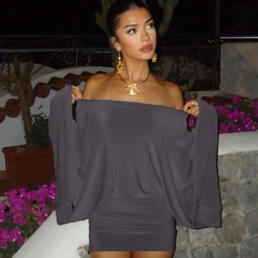 Long Sleeve Bodycon Dress Slim Fit Batwing Sleeve Dress Stretchy Off Shoulder Dress  Spicy Girl