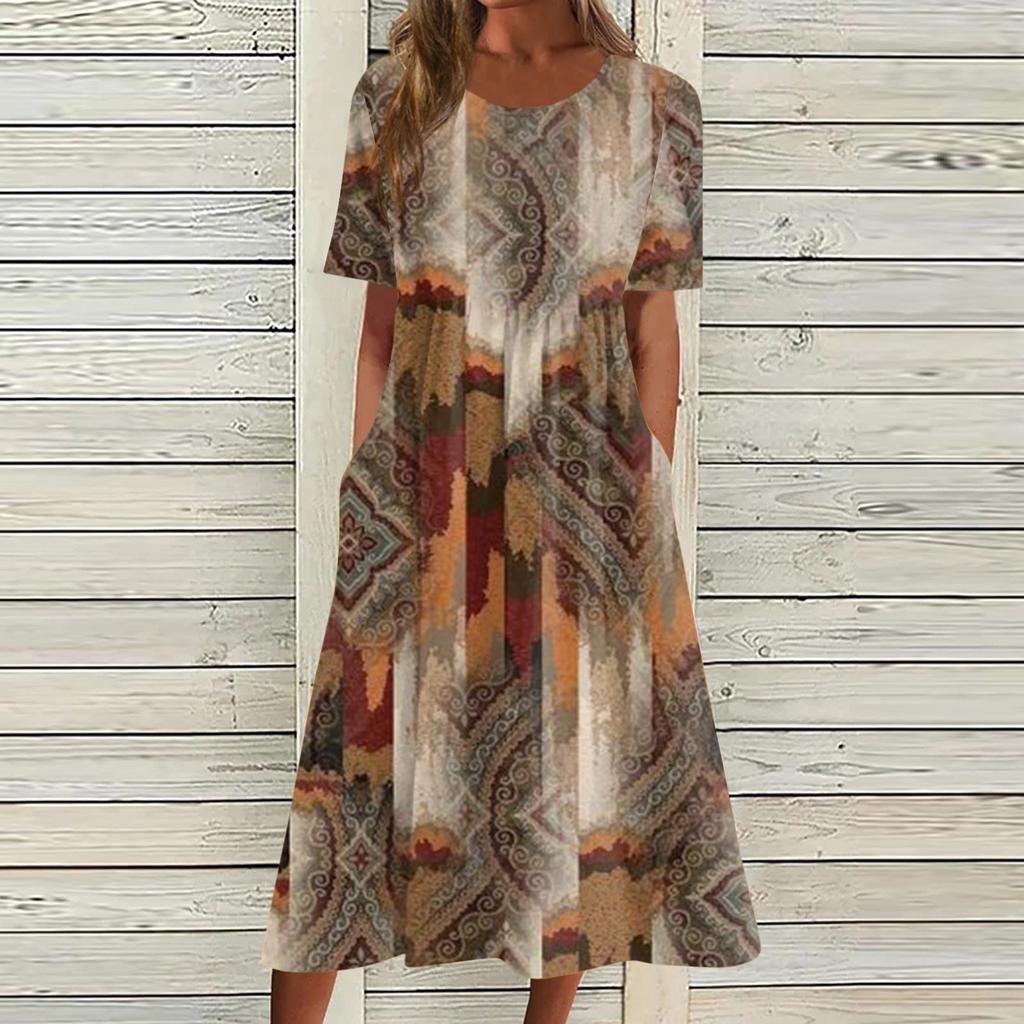 Damen-Freizeitkleider, bedruckte Kleider, Sommerkleider, bedruckt, plissiert, Rundhals-Midi-Kleider, Basic, klassisch, Outdoor, täglich, kurzärmelig, lockere Kleider