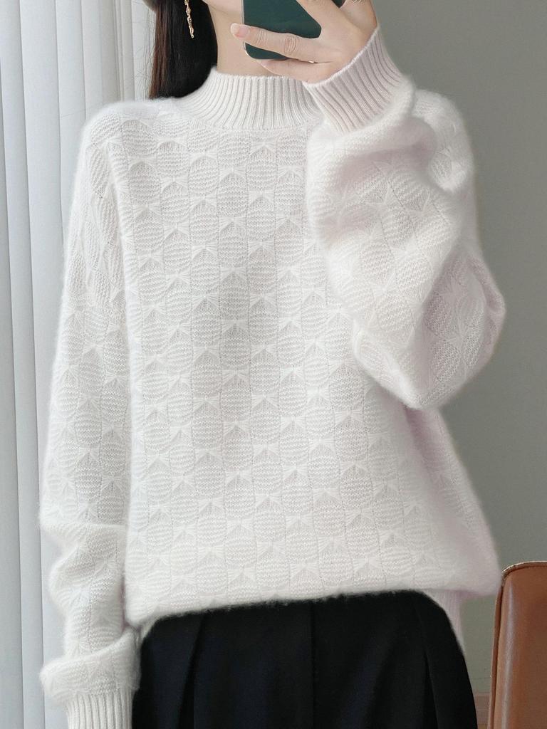 Women's Thickened Wool Half-High Collar Cable Knit Sweater - Loose, Versatile Long Sleeve Cashmere Knitwear