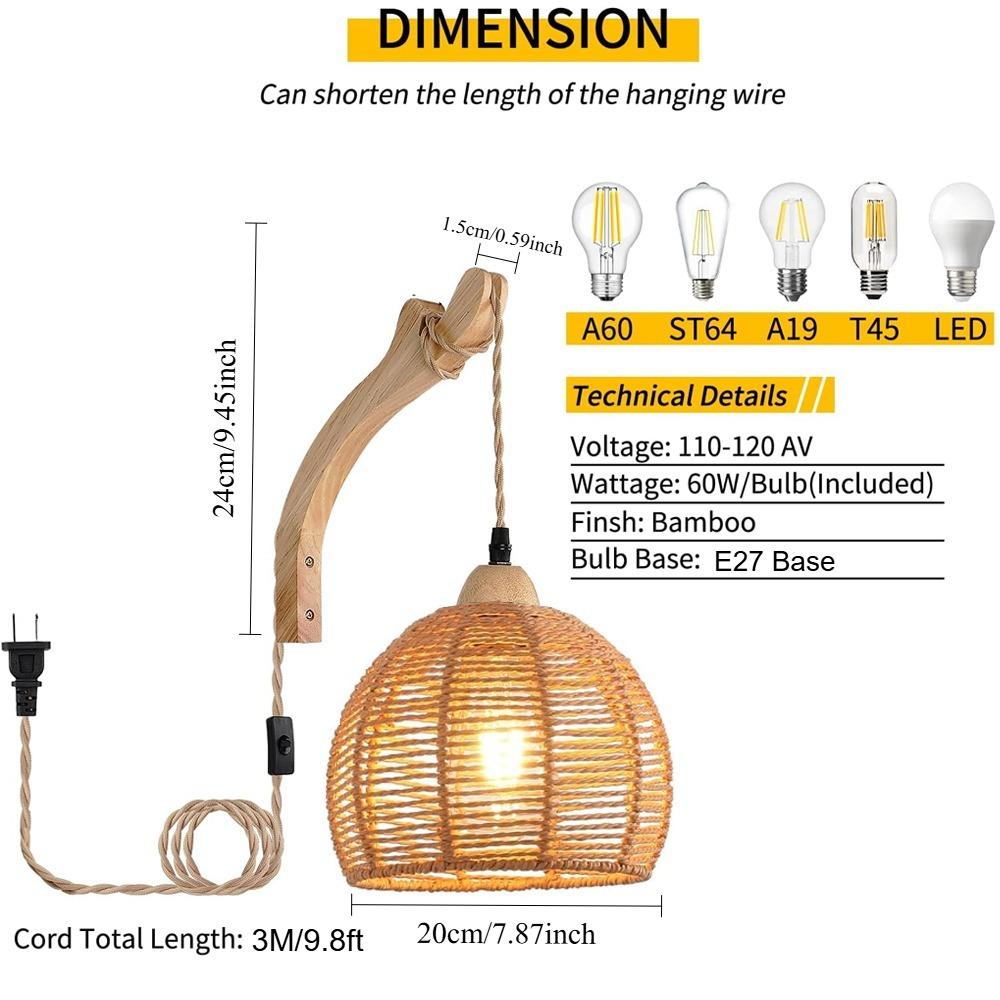 Rustic Wall Lamp with Plug in Cord Vintage Rattan Wall Light Lamp Fixture Farmhouse Sconces for Bedroom Bedside Living Room