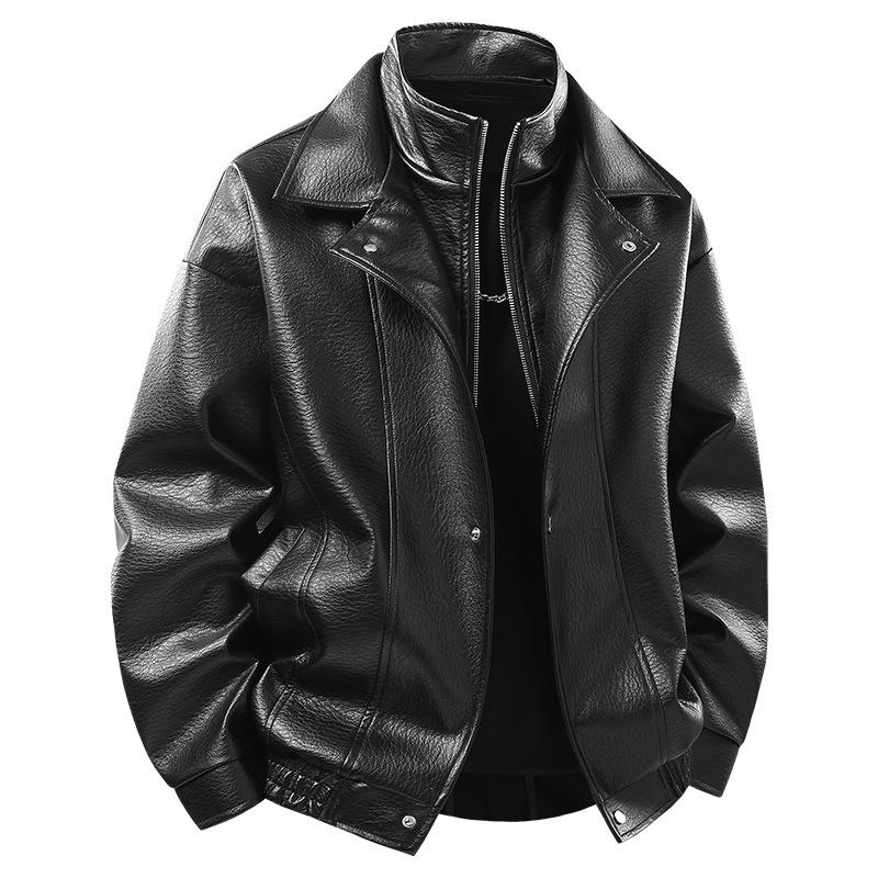 Men's leather jacket, new PU leather motorcycle fleece-lined loose versatile trendy leather jacket for men