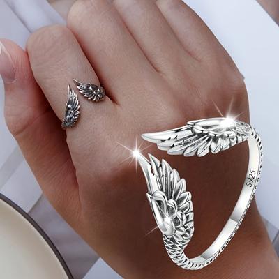 1pc Wings Open Ring, Simple Retro Guardian Feather Finger Ring Hand Jewelry