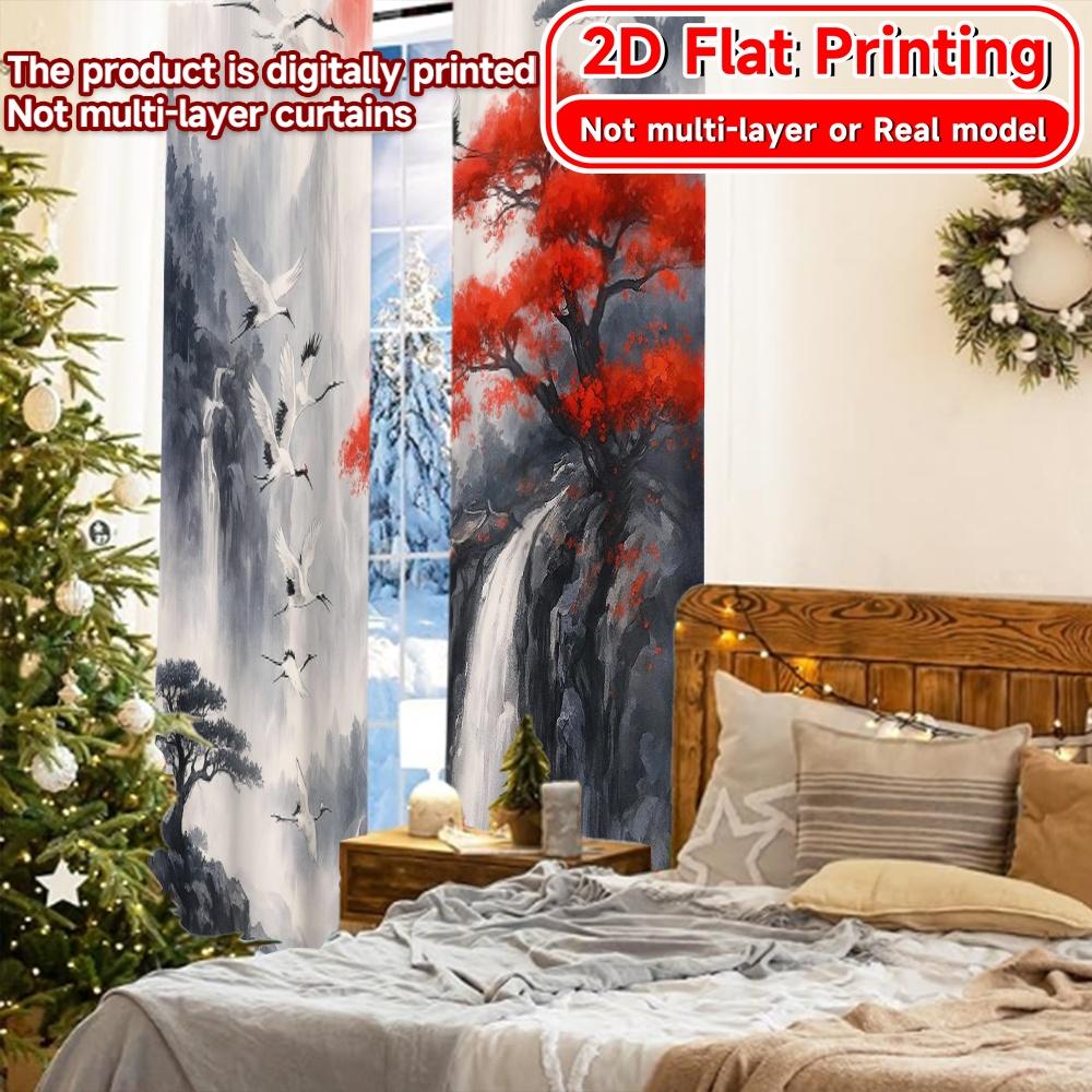 2 szt., zasłony DRUKOWANE PŁASKO 2D (Bez Roda) Żuraw Spokój Minimalistyczne zasłony świąteczne Zasłony półprzezroczyste Dekoracje zewnętrzne