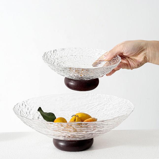 Vintage Glass Fruit Bowl with Wooden Base - Modern Home Coffee Table Snack & Dried Fruit Plate, Personalized & Exquisite Design