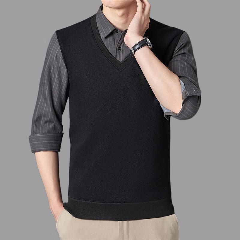 Fengxiao Men's Fake Two-Piece Striped Fleece-Lined Pullover Sweater