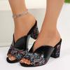 Sommer Neue Farbe Block High-Heel Sandalen Damen Runde Zehenpartie Offene Zehenpartie Ethnischer Stil Stickerei Blockabsatz Römisch Cool Drag