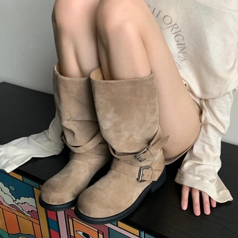 Autumn Winter Thick Heels Women Western Cowboy Boots Fashion Belt Buckle Shoes Female Pleated Long Booties Zapatos De Mujer