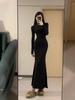 Beflocktes Schwarzes Lotos-Fischschwanzkleid mit Pelzfutter – Damen Herbst/Winter Schlanke Passform, Hoher Kragen, Langes Kleid