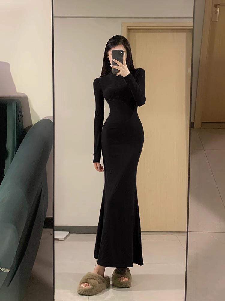 Beflocktes Schwarzes Lotos-Fischschwanzkleid mit Pelzfutter – Damen Herbst/Winter Schlanke Passform, Hoher Kragen, Langes Kleid