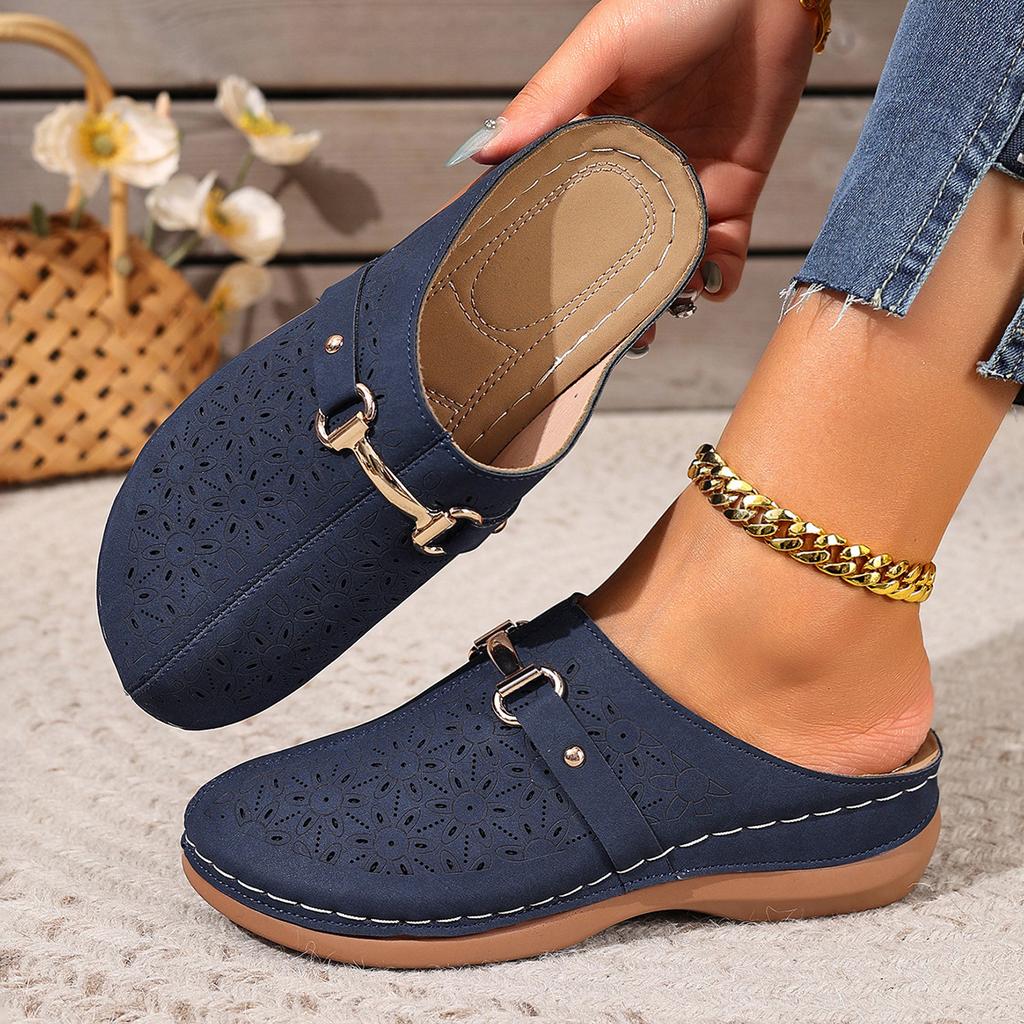 Foreign Trade Large Size Bag Head Flat Bottom Casual Half Slippers Women's 2025 New Solid Color Wedge Metal Buckle Beach Slippers