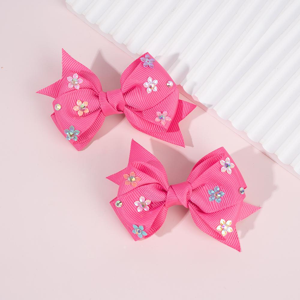 2Pcs Bow Hair Clip Rhinestone Flower Ribbon Solid Color Simple Barrette Baby Girl Kid School Play Party Accessories Hairpin Gift