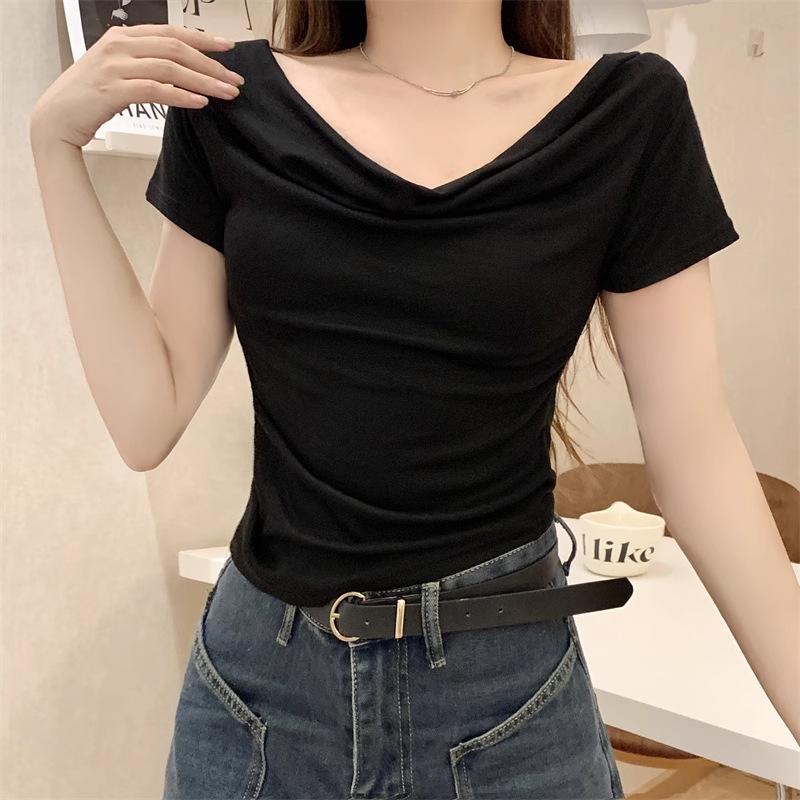2024 Slim Fit Short-Sleeve Swing Collar T-Shirt - Women's Trendy Solid Summer Top